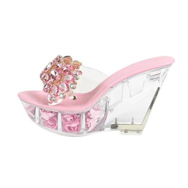 Imagem de mclubgirl Sandálias de cunha cristalinas com joias florais rosa, plataforma decorada com rosa, slides de salto alto transparente de 11 cm, rosa, 35