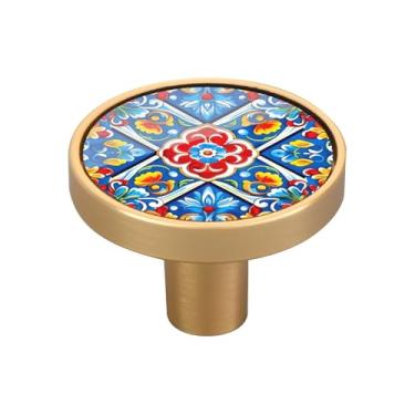 Imagem de Blueangle Pacote com 4 puxadores de armário de cerâmica mexicana 3,5 cm Puxadores redondos de gaveta para cômoda e armários de cozinha (502)