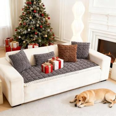 Imagem de Cshionary Capa de sofá para cães lavável, felpuda para sofá de 3 almofadas – protetor de móveis de pelúcia macia para animais de estimação com suporte antiderrapante (cinza escuro, 180 x 70 cm)