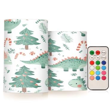 Imagem de Wassud Conjunto de 2 velas engraçadas dinossauros sem chamas com controle remoto LED pilar velas cintilantes sem chama para decoração de Natal festa