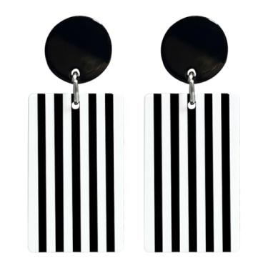 Imagem de RofYof Brincos de xadrez retangulares de resina para mulheres, retrô, acrílico, preto, branco, listrado, geométrico, anos 70, 80, joia, Small, Acrílico, Sem pedra preciosa