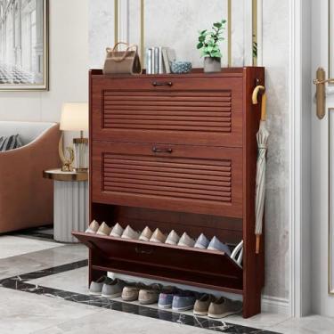 Imagem de Armário de sapatos de madeira de entrada com 3 portas de aba, armário de sapatos oculto, fundo aberto, armário de sapatos estreito com prateleiras removíveis, adequado para apartamentos, salas de