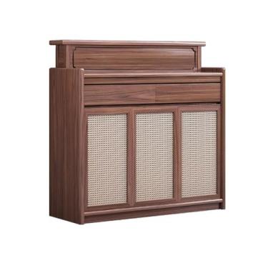 Imagem de Mandir Armário de Santuário de Buda de madeira para uso doméstico, com porta de trama de vime, mesa de oferta de riqueza, altar, santuário