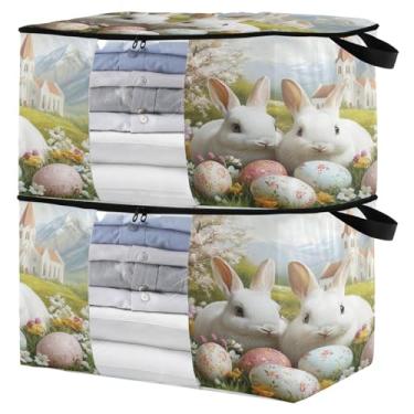 Imagem de Burbuja Pacote com 2 organizadores de bolsa de armazenamento com alças para roupas, cobertores, roupa de cama, bolsa de armazenamento dobrável de ovos de coelho com zíper e janela transparente, 95L