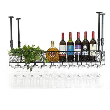 Imagem de Rack de vinho de teto, suporte de garrafa de armazenamento de metal montado na parede para vinho com suporte de pendurar para barras de cozinha suporte de taças de cozinha altura ajustável, preto