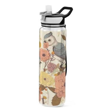 Imagem de Burbuja Garrafa de água Birds Flowers de 940 ml com tampa de palha, à prova de vazamento e livre de BPA para academia, esportes ao ar livre