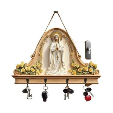 Imagem de Decoração Cristã Para Casa, Suporte De Chaves De Madeira Com Virgem Ma