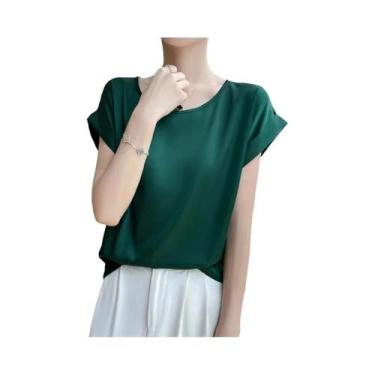 Imagem de Camisola Feminina De Seda Com Decote Redondo, Blusa Solta De Cetim Sem