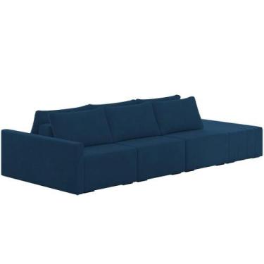 Imagem de Sofá Ilha Modular Para Sala 342cm Com Puff Dublin K01 Veludo Azul Mari