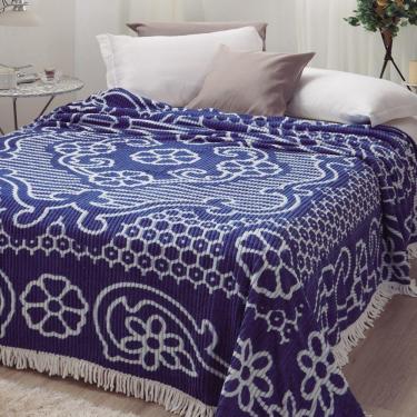 Imagem de Colcha Casal Jolitex Chenille Canelada Aristocrata Azul/Branco