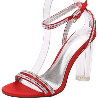 Imagem de Sandálias femininas de salto grosso com strass aberto 10 cm salto transparente tornozelo fivela cinta casamento noiva vestido sapatos, Vermelho, 9