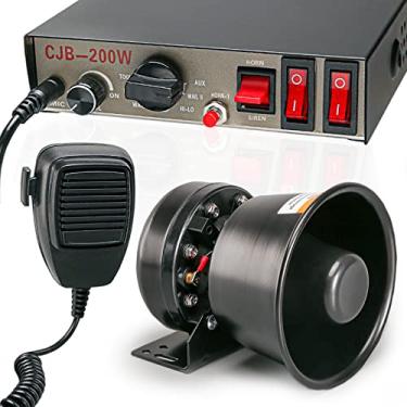 Imagem de BooYu 12 V 200 W 9 tons de alerta policial sistema PA sirene [alto-falante de aço preto][125-135 dB][microfone de mão][mãos livres][2 interruptores de 15A] para veículos de ambulância de bombeiro, caminhão, SUV ATV UTV