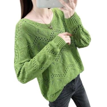Imagem de Suéter feminino de crochê top oco manga comprida pulôver tops roupas de outono moda (Color : Green, Size : XXL)