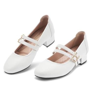 Imagem de hingswink Mary Jane Sapatos femininos com alças duplas de 5 cm salto baixo sapatos sociais salto grosso fechado sapato feminino confortável elegante, Poliuretano branco, 7.5