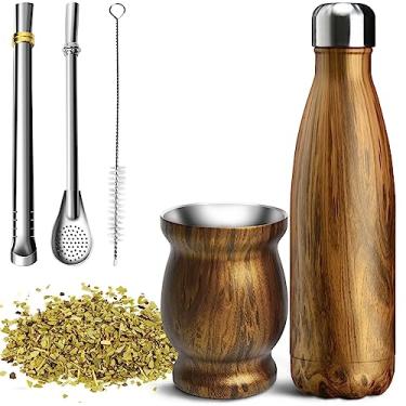 Imagem de Artcome Conjunto de copos de erva mate de aço inoxidável de 5 peças - 1 copo mate de parede dupla de aço inoxidável de 250 ml, 1 garrafa térmica de 500 ml, 2 bombillas (canudo de erva mate), 1 escova,