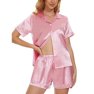 Imagem de VENTELAN Conjunto de pijama feminino plus size super macio de manga curta e longa com calça conjunto de pijama de duas peças, Rosa claro, G