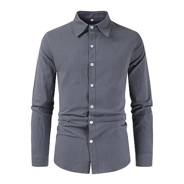 Imagem de Camisa social masculina de algodão e linho, manga comprida, formal, cor sólida, camisa de botão, Cinza escuro, XG