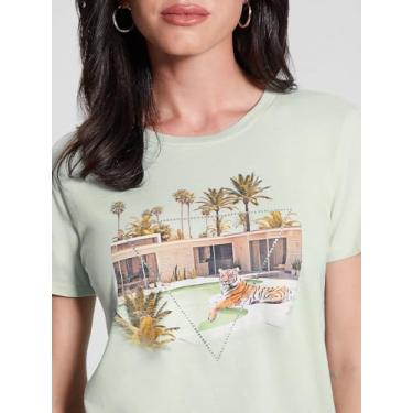 Imagem de GUESS Camiseta feminina ecológica de manga curta à beira da piscina Tiger Easy, Menta macia, P
