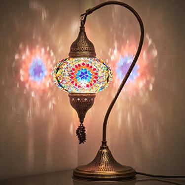 Imagem de Mesa de mosaico colorida feita à mão estilo Tiffany turco marroquino mesa de cabeceira noite pescoço de cisne abajur com corpo de metal e folha de metal pendurada, multicolorido, 48 cm