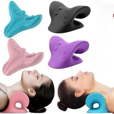 Imagem de Travesseiro Relaxante de pescoço e ombro, dispositivo de tração cervical para alívio da dor na ATM e alinhamento da coluna cervical, travesseiro quiroprático (azul)
