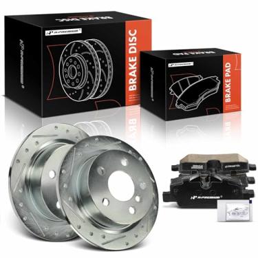 Imagem de A-Premium Rotores de freio a disco traseiro perfurado e ranhurado de 10,20 polegadas (259 mm) + kit de pastilhas de cerâmica compatível com mini modelos selecionados - Cooper 2015 2016 2017 2018 2019,