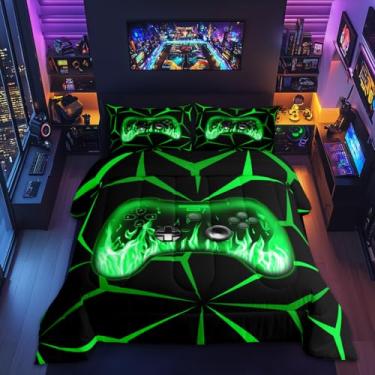 Imagem de Feelyou Jogo de cama King com estampa de videogame 3D para adolescentes, verde e preto, conjunto de cama geométrico, para amantes de jogos