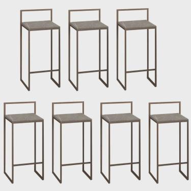 Imagem de Kit 07 Banquetas Alta Com Encosto Lino Industrial Balcão Bistrô Ferro Marrom mdf Madeira Marmorizado - Ahz Móveis