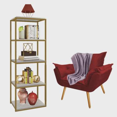 Imagem de Kit Poltrona Fatte com Manta Soft Lilás e Estante Livreiro Ferro Dourado mdf Marmorizado Cinza Suede Vermelho - Ahazzo Móveis