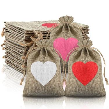 Imagem de Riakrum 24 Pieces Valentine's Day Heart Burlap with Drawstring Present Bags Burlap Bags 4 x 6 Inch Mini Rustic Pouches Small Party Favor Bags with 24 Tags and Rope for Wedding, Party, Bridal Shower
