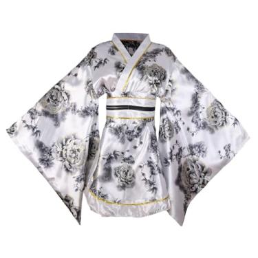Imagem de Quimono feminino curto sexy fantasia adulta estampa de gueixa japonesa vestido de festa de Halloween vestido chique com cinto (94# branco)
