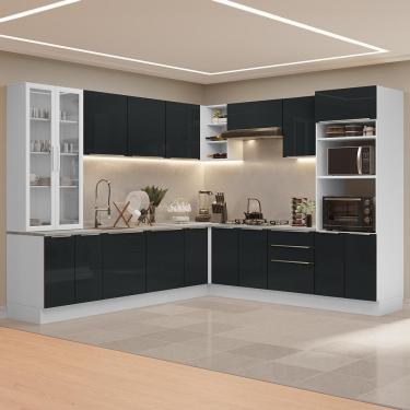 Imagem de Cozinha Completa Lux 15 Portas 3 Gavetas MDF 566cm Branco-Preto com Cristaleira