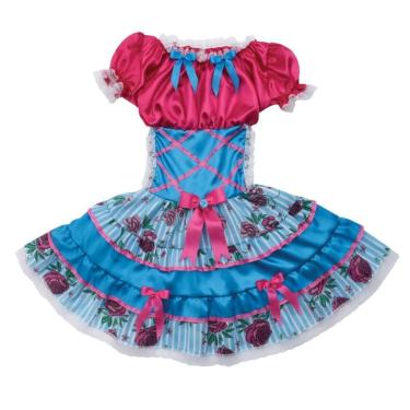 Imagem de Vestido De Festa Junina Infantil Cetim Mini Rosas Tamanho 16
