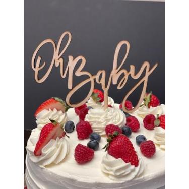 Imagem de Topo de bolo de madeira Oh Baby, decoração de bolo de festa de boas-vindas do bebê, decoração de bolo de madeira para chá de bebê, revelação de gênero, suprimentos de festa de aniversário