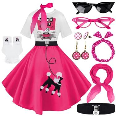 Imagem de 10 peças de roupas femininas, saias poodle dos anos 50, camiseta com acessórios dos anos 50, meias, cachecol, faixa de cabeça, brinco de cinto, Sockhop rosa choque, Large