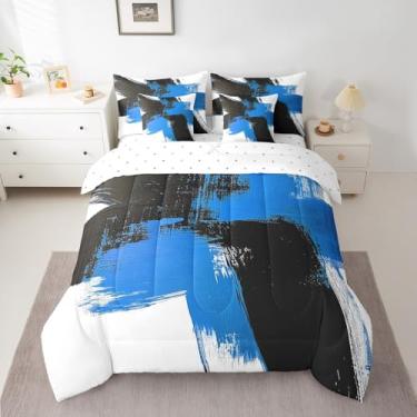 Imagem de Feelyou Jogo de cama King com arte abstrata, 7 peças, moderno, azul e preto, conjunto de edredom com lençol geométrico, para meninos e meninas, macio