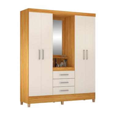 Imagem de Guarda-Roupa Casal com Espelho Capelinha Pérsia 4 Portas 3 Gavetas Cinamon e Off White