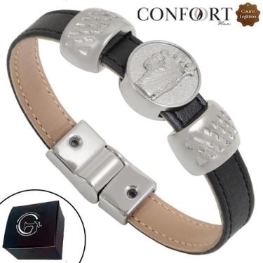 Imagem de Pulseira Couro Preto Magnética Feminina Masculina São José Prateado - 