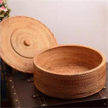 Imagem de Cesta de vime natural feita à mão com tampa de vime para recipiente de armazenamento de alimentos, artesanato do Vietnã (grande)