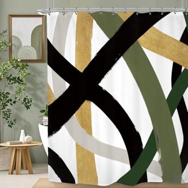 Imagem de Kalmico Cortina de chuveiro de linha moderna abstrata 152 cm L x 182 cm Preto Exército Verde Exército Minimalista Arte Contemporânea Neutro Simples Conjunto de Acessórios Decoração com 12 Ganchos