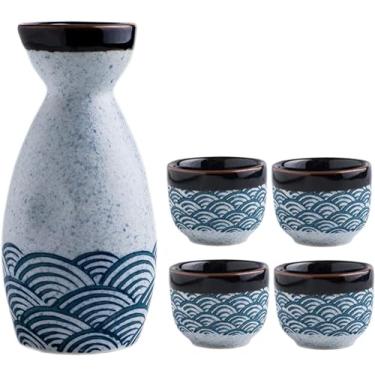 Imagem de JOEUQK Conjunto de saquê japonês conjunto de pote de saquê tradicional design pintado à mão porcelana cerâmica artesanato copos 5 peças, prático