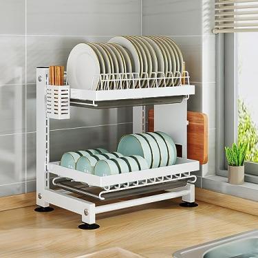 Imagem de WZYCLTT Escorredor de pratos com suporte de copo de bandeja coletora, escorredor de pratos com suporte de utensílios, grande capacidade para bancada de cozinha, economizando espaço (branco)