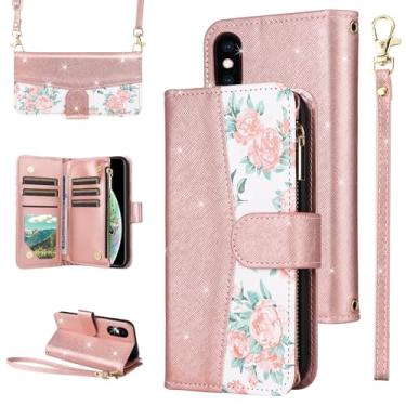 Imagem de Furiet Capa carteira floral para iPhone Xs X 10 10s com zíper flip alça de pulso/ombro, suporte de cartão para celular para iPhoneX, iPhoneXs, iPhone10 i, PhoneX SX 10x 10xs X, feminino, ouro rosa