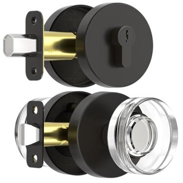 Imagem de naubea Maçaneta de porta de vidro de cristal com trava de fechadura, maçaneta de porta frontal preta fosca e conjunto de fechadura