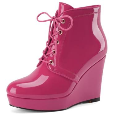 Imagem de Perisis Botas femininas de cano curto plataforma plataforma bico redondo cadarço salto cunha botas patentes botas sociais 10 cm sapatos confortáveis, Rosa choque, 35