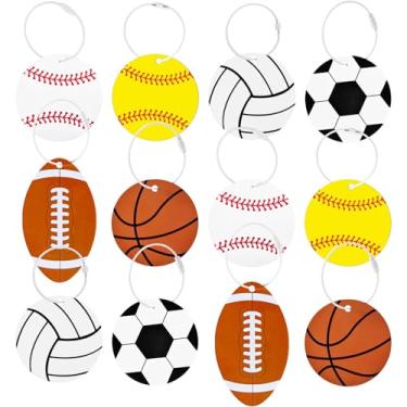 Imagem de MuRealy Conjunto de 12 etiquetas de bagagem esportivas, acessórios de basquete com anel de metal, chaveiro de beisebol para etiquetas de malas de viagem (beisebol, softball, futebol, vôlei