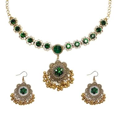 Imagem de Conjuntos de joias indianas para mulheres, joias de templo oxidado, colar com pingente de bola de flores estilo Bollywood, brincos pendentes de bola de flores Jhumka, joias de casamento delicadas