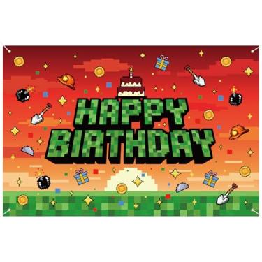 Imagem de Plano Fundo Aniversário Tema Pixel, 150x100cm Banner Aniversário com Tema Videogame Poliéster Pré-Perfurado para Festas Meninos Meninas Perfeito para Decoração e Lembrancinhas