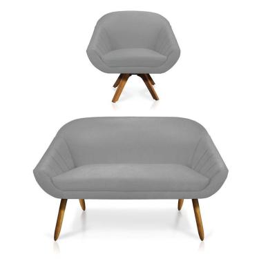 Imagem de Kit 01 Namoradeira 02 Lugares E 01 Poltrona Giratória Giovana Suede Base Madeira Mm30 D'rossi Cinza