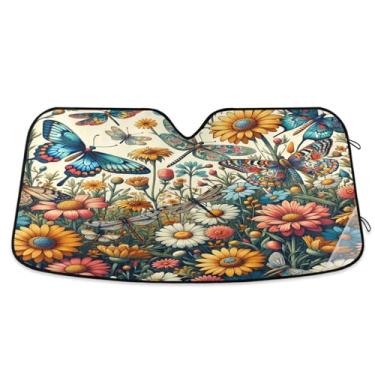 Imagem de ATTX Para-brisa de carro borboleta flor libélula 139.7 cm x 70.1 cm escudo solar universal com proteção UV, persiana de janela frontal automática dobrável para Sedans SUVs caminhões #303