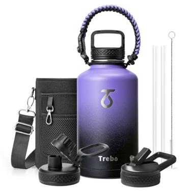 Imagem de Trebo Garrafa de água de 1,8 g com alça de paracord, jarro de água isolado de aço inoxidável de parede dupla grande de meio galão com alça de suporte e tampas de bico de palha, à prova de vazamento